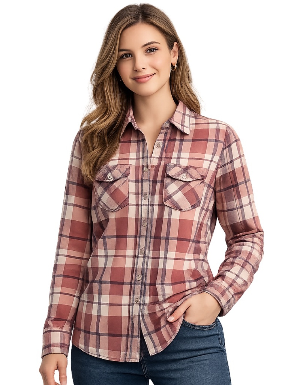 COMO Vintage Plaid Button Front Shirt Women’s Small Pink Mauve Stretch Flannel